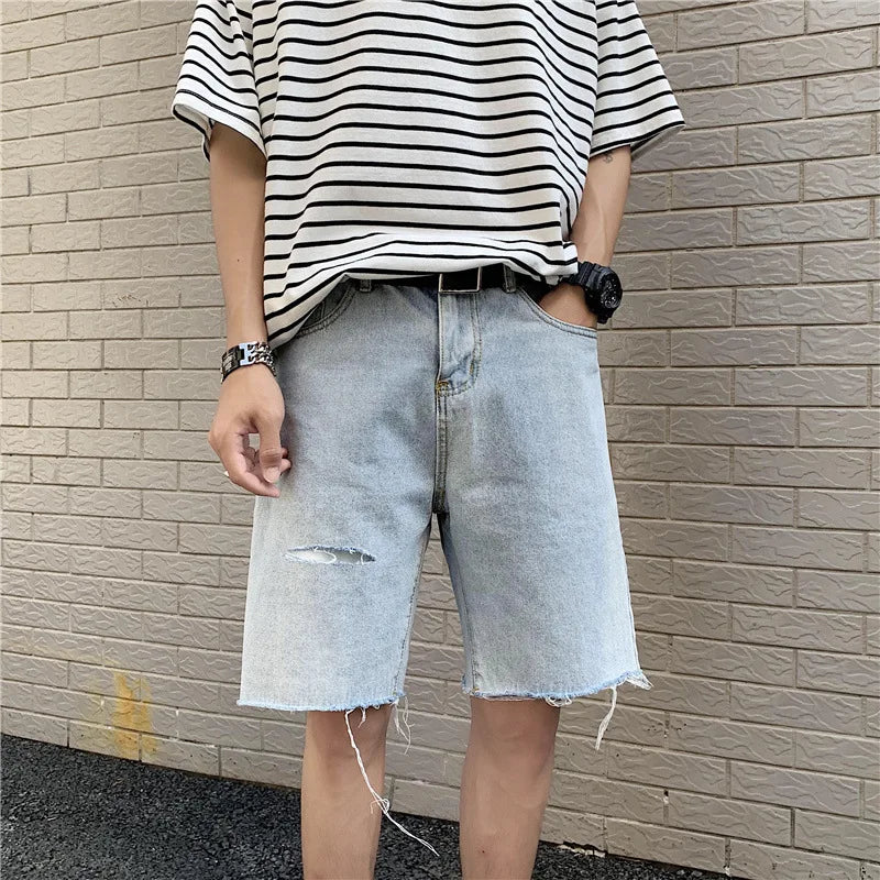 Summer New Fashion Denim Shorts Men Ripped Raw Edge Pants Korean Version Loose Straight Five-point Pants Boutique