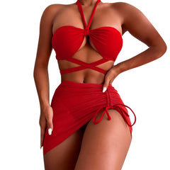 New 3 Pieces High Waist Swimwear Sexy Lace Up Micro Bikini Set With Skirt Beachwear Bathing Suit