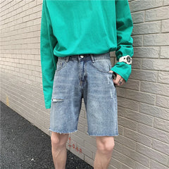 Summer New Fashion Denim Shorts Men Ripped Raw Edge Pants Korean Version Loose Straight Five-point Pants Boutique