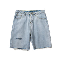 Summer New Fashion Denim Shorts Men Ripped Raw Edge Pants Korean Version Loose Straight Five-point Pants Boutique