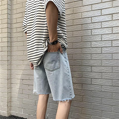 Summer New Fashion Denim Shorts Men Ripped Raw Edge Pants Korean Version Loose Straight Five-point Pants Boutique