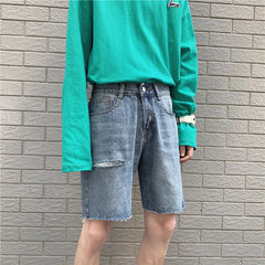 Summer New Fashion Denim Shorts Men Ripped Raw Edge Pants Korean Version Loose Straight Five-point Pants Boutique